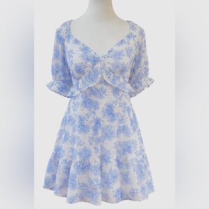 Trixxi NWT Blue Floral Cottagecore Mini Dress Puff Sleeve Smocked Back Size